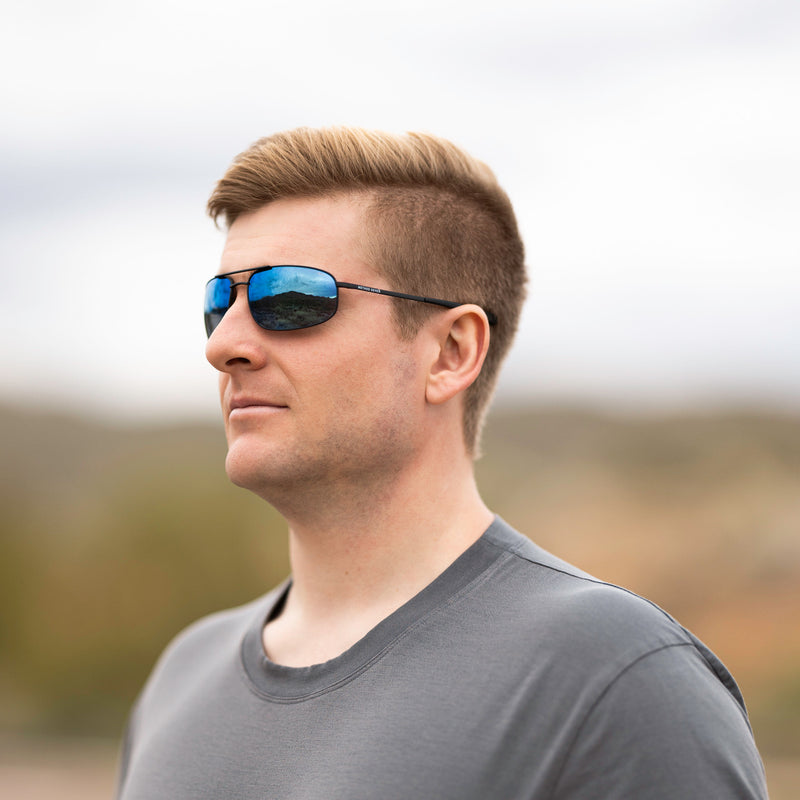 A person wearing Method Seven Pilot Patriot FLT18 sunglasses for pilots. 