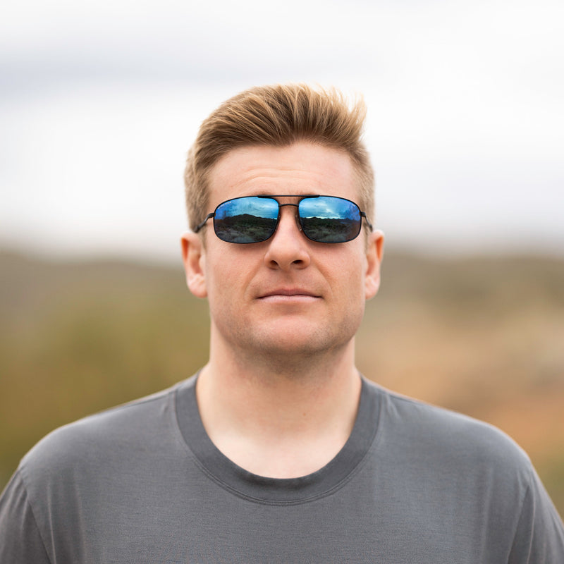 A person wearing Method Seven Pilot Patriot FLT18 sunglasses for pilots. 