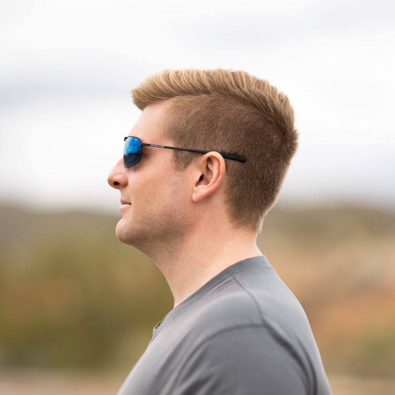 A person wearing Method Seven Pilot Patriot FLT18 sunglasses for pilots. 